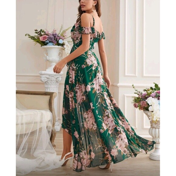 Cold Shoulder High Low Hem Allover Floral Dress - Picture 6 of 10